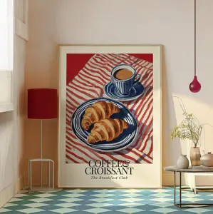 Drinks and foods wall art print featuring a colorful coffee and dessert illustration in a modern kitchen setting
