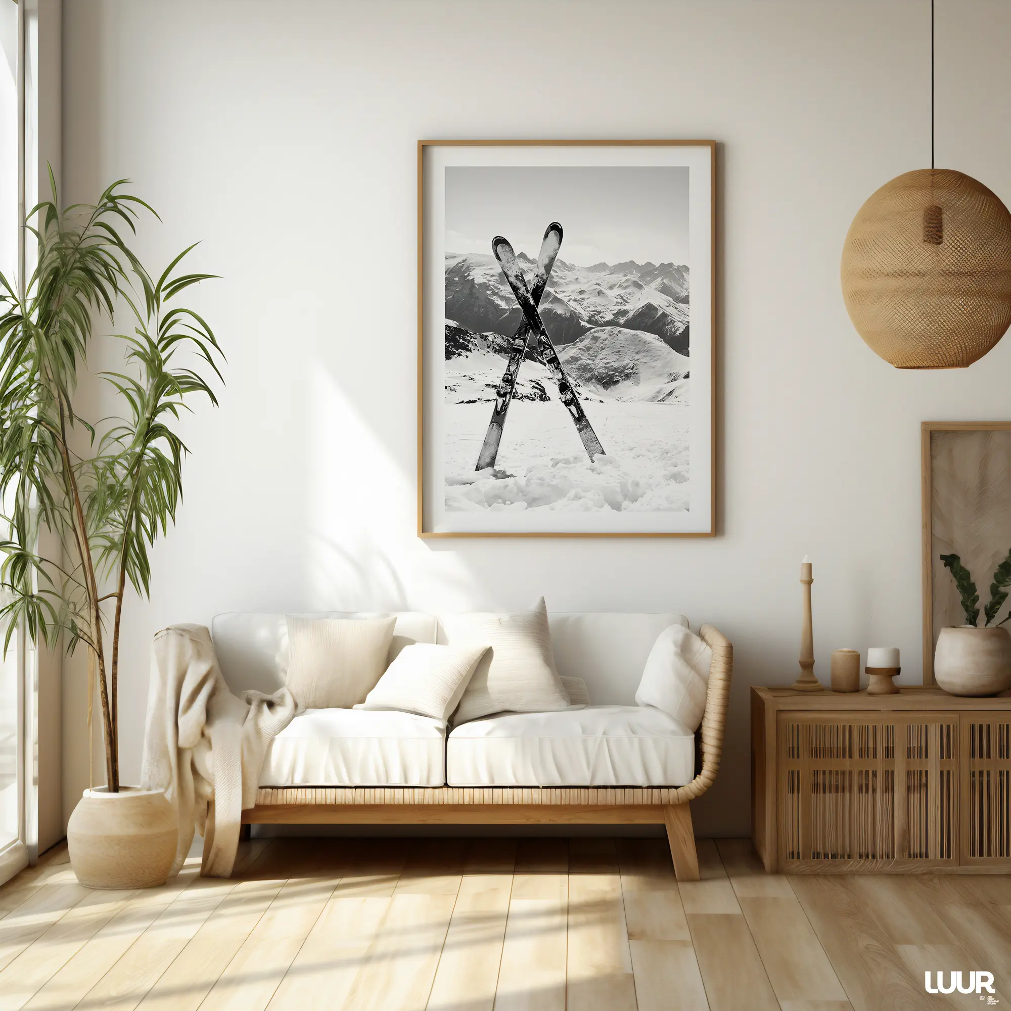 Winter Wall Art Winter Wall Art Printable – Black & White Crossed Skis Minimal Mountain Poster | Seasonal Home Decor - Image 1