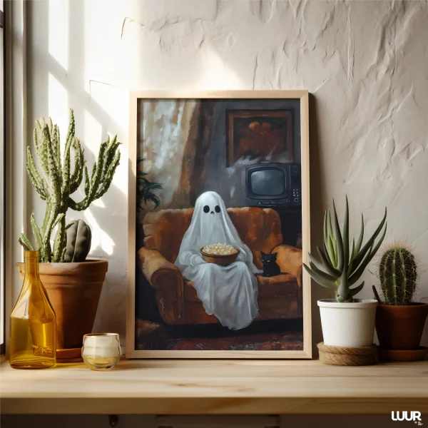 Halloween Wall Art – Funny Ghost & Black Cat Vintage Poster | Cute Retro Printable Digital Art for Cozy Spooky Home Decor