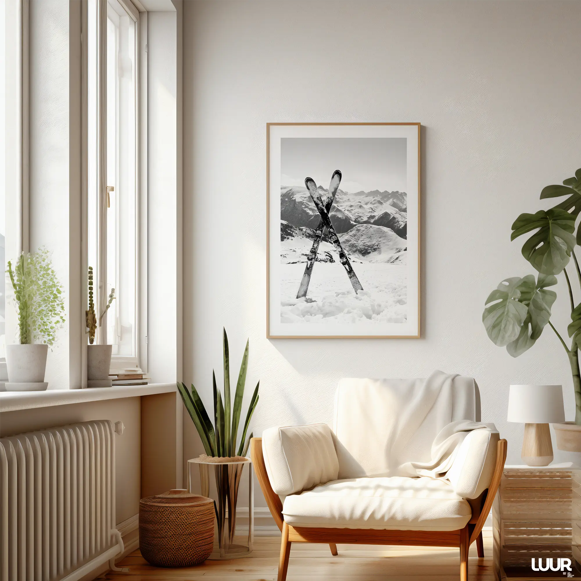 black-and-white-wall-art Winter Wall Art Printable – Black & White Crossed Skis Minimal Mountain Poster | Seasonal Home Decor - Image 3