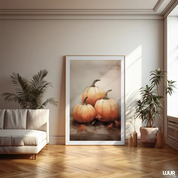 Autumn Pumpkins Kitchen Wall Art – Cozy Vintage Fall Oil Painting Printable Poster for Home or Dining Room Decor