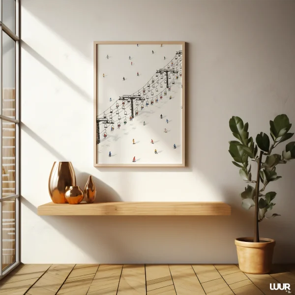 Winter Wall Art, Crowd Skiing Printable Poster, Trendy White Digital Print for Home Decor, Modern Seasonal Wall Art