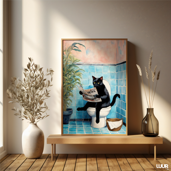Bathroom Wall Art | Funny Cat Reading Newspaper Print – Quirky Black Cat Bathroom Decor