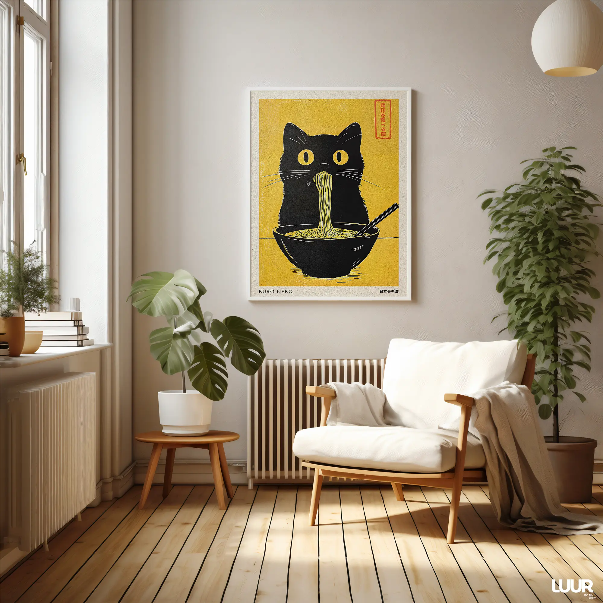 cat-poster-print Japanese Wall Art – Kuro Neko Ramen Cat Poster | Minimal Japandi Printable Black Cat Digital Artwork - Image 2
