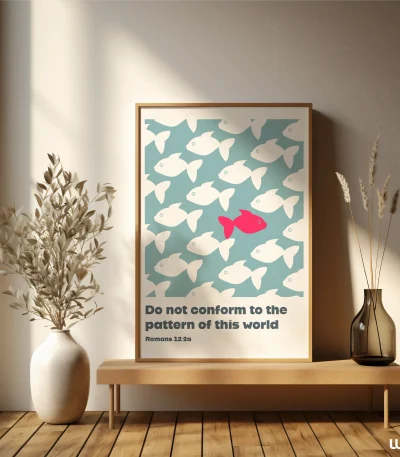 Christian wall art printable featuring Romans 12:2 Bible verse in a modern minimalist design, framed and displayed in a warm home decor setting.