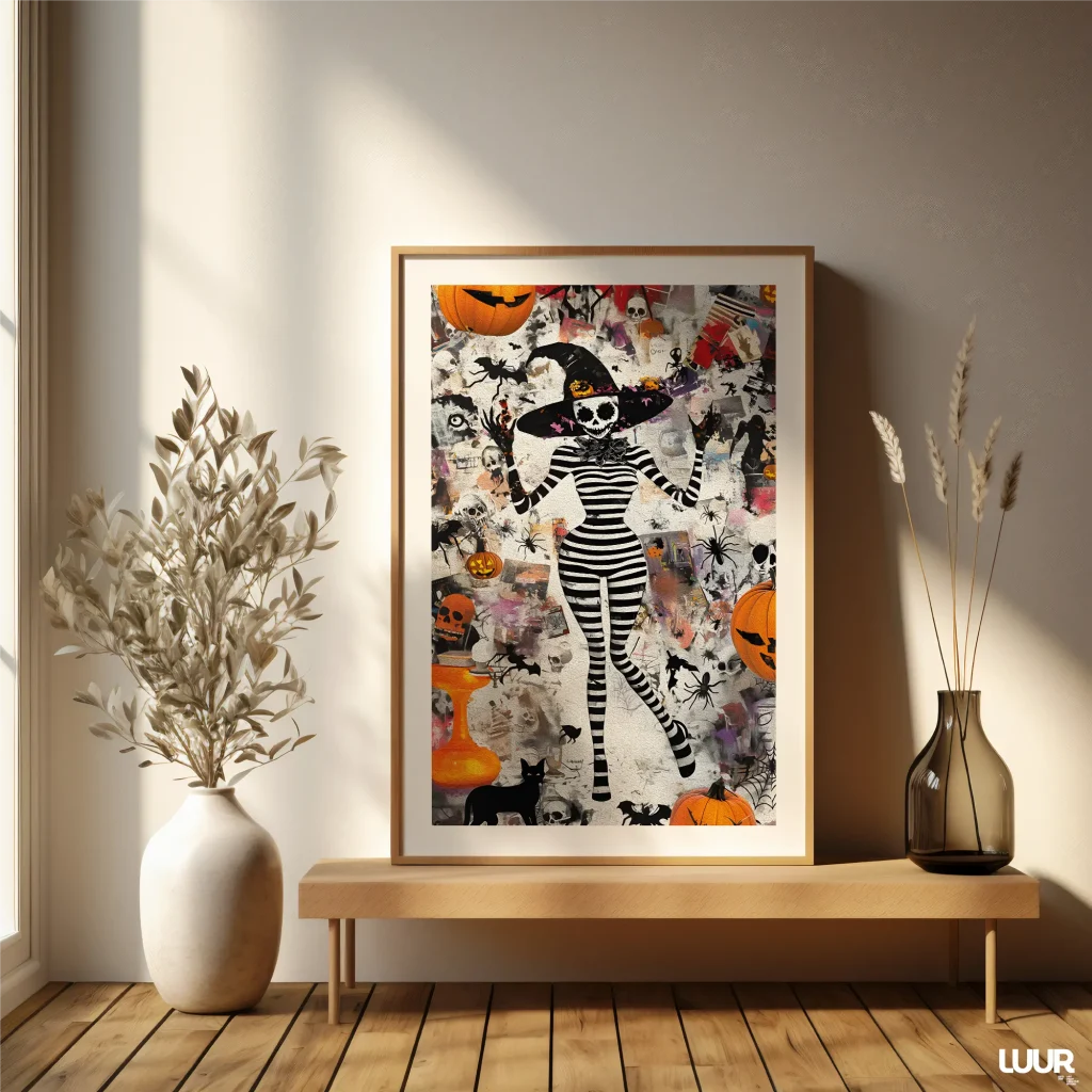 Whimsy Witch Skeleton Halloween Wall Art Printable Poster, spooky gothic striped digital artwork for Halloween home decor
