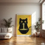 Japanese Wall Art – Kuro Neko Ramen Cat Poster, Minimal Japandi Printable Black Cat Artwork for Modern Home Decor