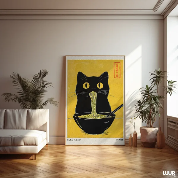 Japanese Wall Art – Kuro Neko Ramen Cat Poster, Minimal Japandi Printable Black Cat Artwork for Modern Home Decor