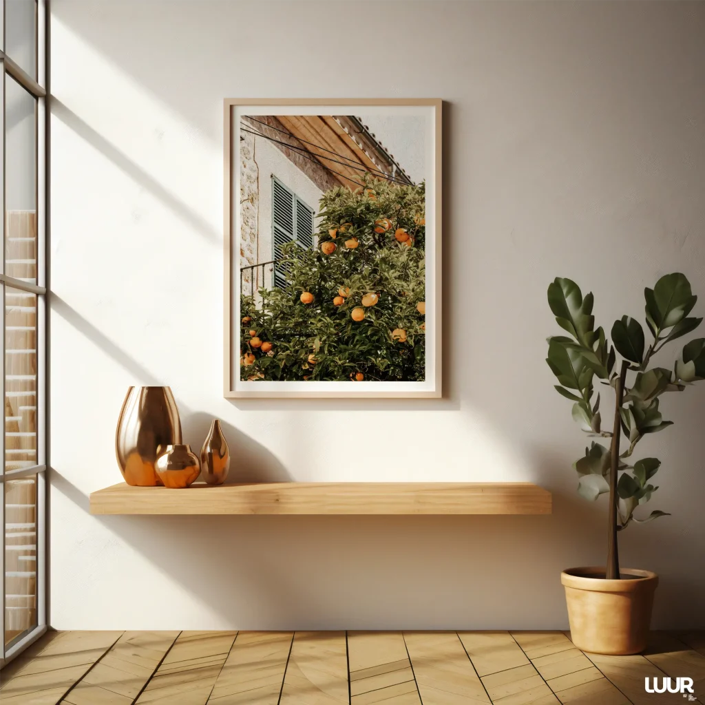 Mediterranean Wall Art | Orange Tree Print – Rustic Stone House Poster for Sunny Summer & Green Boho Home Decor