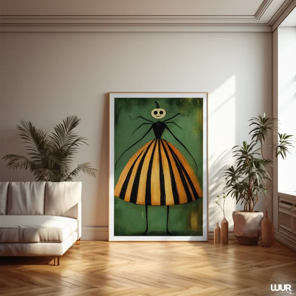Vintage Halloween wall art featuring a spooky green curtain scene in a cozy modern living room, printable gothic Halloween decor.