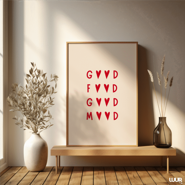 Bedroom Wall Art – Good Mood Motivational Poster with Red Heart | Minimalist Positive Quote Printable