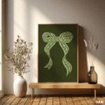 Christmas Wall Art | Vintage Green Bow Print, Retro Holiday Ribbon Illustration