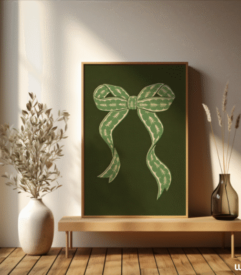 Christmas Wall Art | Vintage Green Bow Print, Retro Holiday Ribbon Illustration