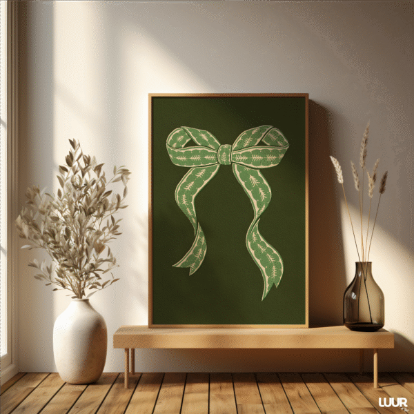 Christmas Wall Art | Vintage Green Bow Print, Retro Holiday Ribbon Illustration