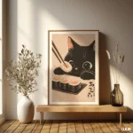 Japanese Wall Art Black Cat Wall Art Print, Cute Sushi Cat Poster, Modern Wall Decor for Kitchen Living Room, Instant Digital Download