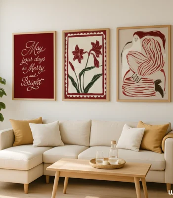 Christmas Wall Art Set of 3, Holiday Quote & Botanical Prints, Festive Red Beige Wall Art, Cozy Scandinavian Home Decor, Christmas Art