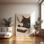 Japanese Wall Art Black Cat Wall Art Print, Cute Sushi Cat Poster, Modern Wall Decor for Kitchen Living Room, Instant Digital Download - Image 4