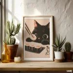 Japanese Wall Art Black Cat Wall Art Print, Cute Sushi Cat Poster, Modern Wall Decor for Kitchen Living Room, Instant Digital Download - Image 5