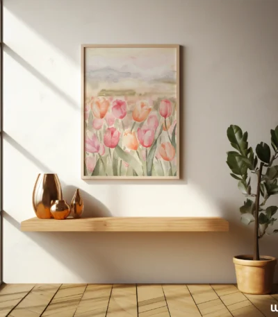 Floral Wall Art Printable, Soft Pink Tulip Art, Pastel Flower Wall Decor, Romantic Botanical Poster, Minimal Spring Home Decor, Digital Art