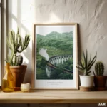 Green Wall Art, Steam Train Bridge, Mountain Landscape Wall Art, Vintage Railway Train Poster, Nature Travel Decor, Digital Download