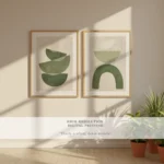 Green Wall Art Abstract Printable Set of 2, Modern Neutral Green Wall Decor, Minimal Shape Art, Contemporary Poster Pair, Digital Download