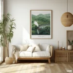 Green Wall Art, Steam Train Bridge, Mountain Landscape Wall Art, Vintage Railway Train Poster, Nature Travel Decor, Digital Download