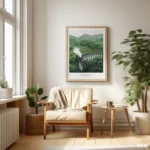 Green Wall Art, Steam Train Bridge, Mountain Landscape Wall Art, Vintage Railway Train Poster, Nature Travel Decor, Digital Download