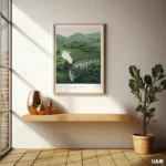 Green Wall Art, Steam Train Bridge, Mountain Landscape Wall Art, Vintage Railway Train Poster, Nature Travel Decor, Digital Download