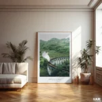 Green Wall Art, Steam Train Bridge, Mountain Landscape Wall Art, Vintage Railway Train Poster, Nature Travel Decor, Digital Download