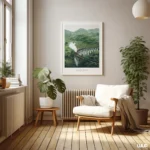 Green Wall Art, Steam Train Bridge, Mountain Landscape Wall Art, Vintage Railway Train Poster, Nature Travel Decor, Digital Download