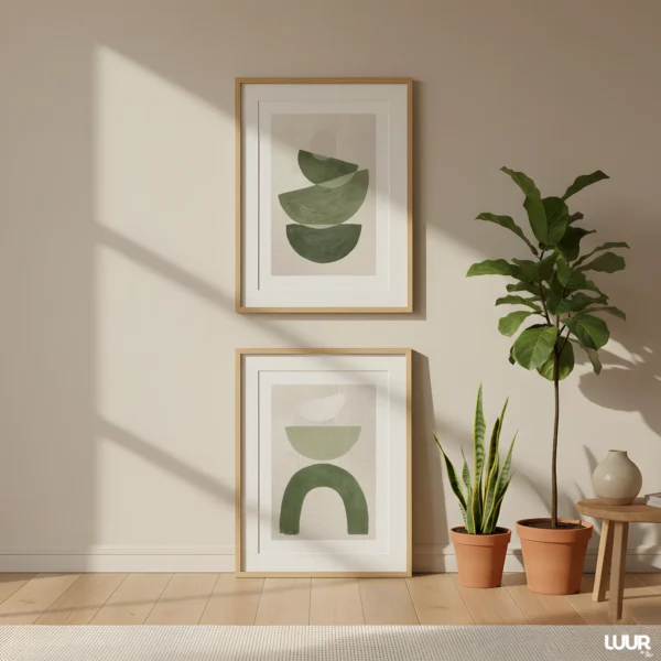 Green Wall Art Abstract Printable Set of 2, Modern Neutral Green Wall Decor, Minimal Shape Art, Contemporary Poster Pair, Digital Download