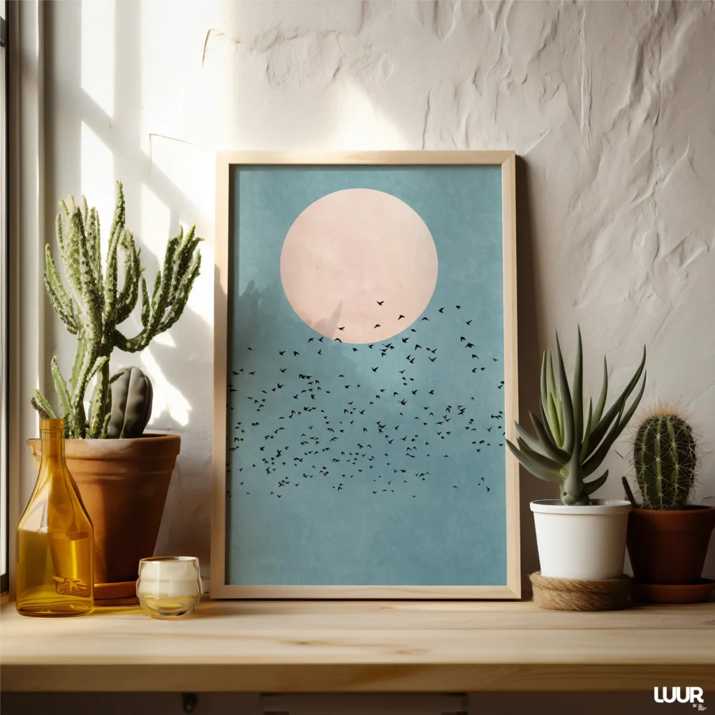 Blue Wall Art Printable, Minimal Moon and Birds Poster, Modern Sky Illustration, Calm Contemporary Home Decor, Digital Download
