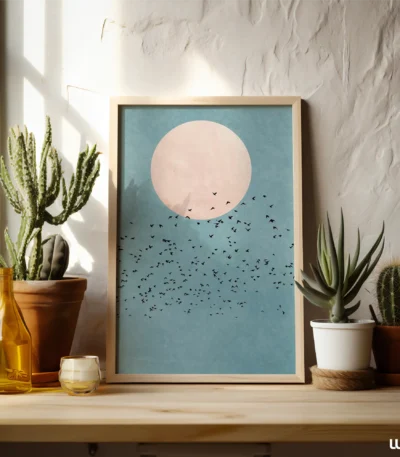 Blue Wall Art Printable, Minimal Moon and Birds Poster, Modern Sky Illustration, Calm Contemporary Home Decor, Digital Download