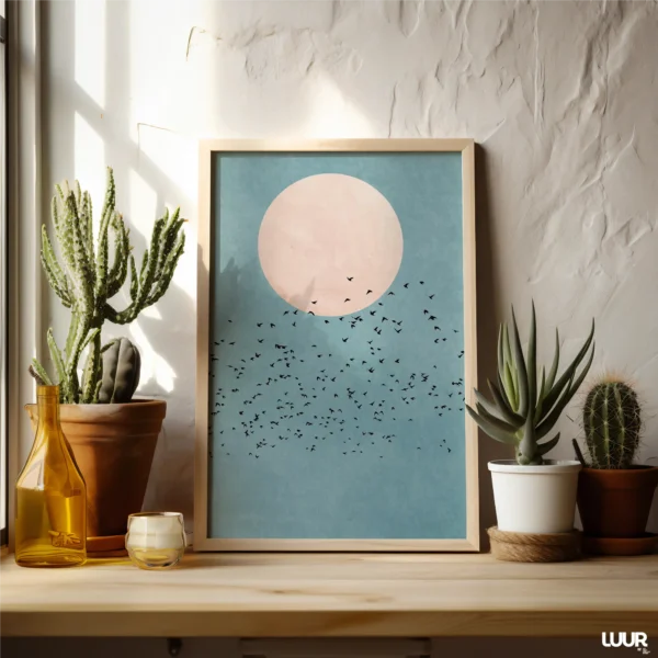 Blue Wall Art Printable, Minimal Moon and Birds Poster, Modern Sky Illustration, Calm Contemporary Home Decor, Digital Download
